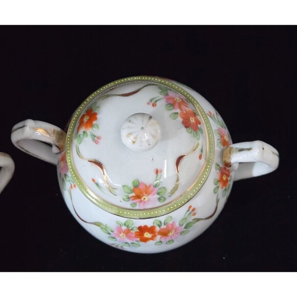 Antique Nippon Hand-Painted Creamer & Sugar Bowl Set Floral Design - Picture 5 of 10